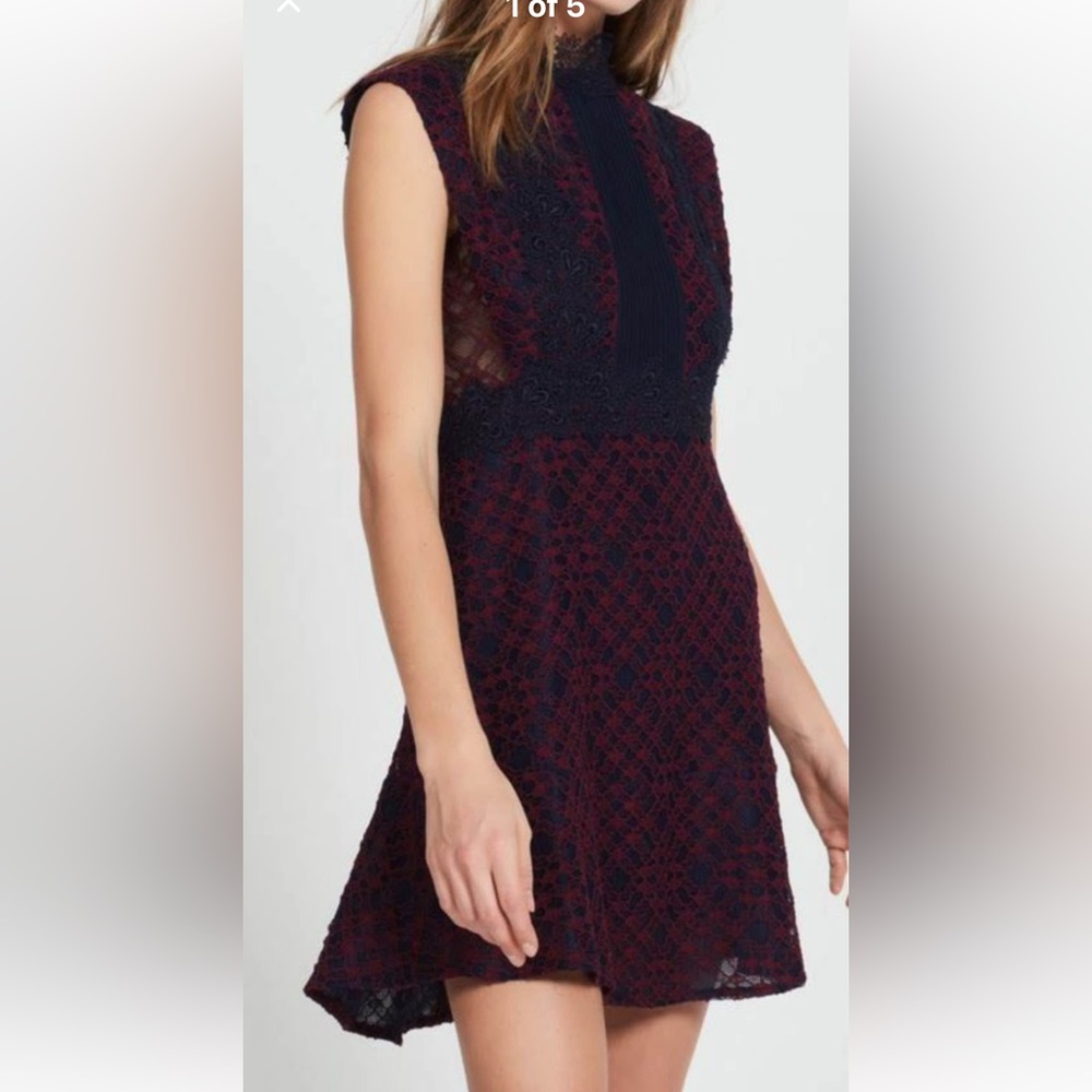 Sandro Navy and Burgundy Lace Midi Dress